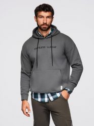 Bluza męska kangurka z haftem i kapturem – grafitowa V2. Szare bluzy z kapturem Ombre Clothing, m, bez wzorów, z bawełny, z kapturem. W wyprzedaży za 136.49 zł.