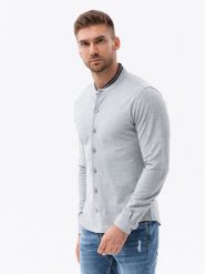 Koszula męska dzianinowa z długim rękawem - szara V5 K542 - XXL. Szare koszule Ombre Clothing, m, bez wzorów, z dzianiny, bez kołnierzyka, bez ramiączek. W wyprzedaży za 49.99 zł.