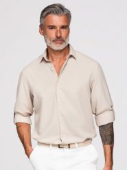 Męska wiskozowo-lniana koszula o kroju regular - beżowa V1 - Rozmiar: M. Szare koszule Ombre Clothing, m, bez wzorów, z denimu, bez kołnierzyka, bez ramiączek. Za 289.99 zł.