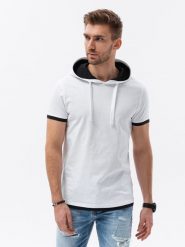 T-shirt męski z kapturem - biały V1 - Rozmiar: M. Białe t-shirty Ombre Clothing, m, bez wzorów, z bawełny, bez kołnierzyka, bez ramiączek. W wyprzedaży za 29.99 zł.