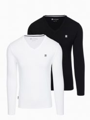 Komplet męskich longsleeve'ów SLIM FIT z dekoltem typu V i logotypem 2-pak – mix biały/czarny V2 - Rozmiar: XXL. Białe bluzki z długim rękawem Ombre Clothing, l, bez wzorów, z bawełny, bez kołnierzyka, bez ramiączek. W wyprzedaży za 104.99 zł.