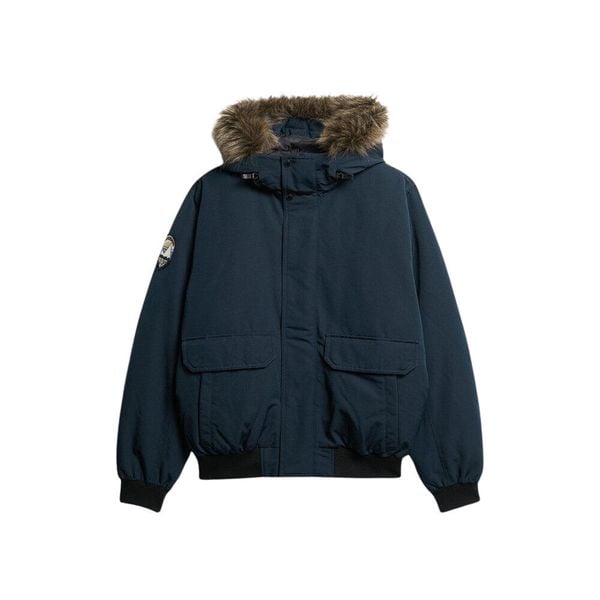 Kurtka bomber z syntetycznym futrem Superdry Everest. Niebieskie kurtki Superdry, m, bez wzorów, z syntetyku, bez kaptura. W wyprzedaży za 630.10 zł.