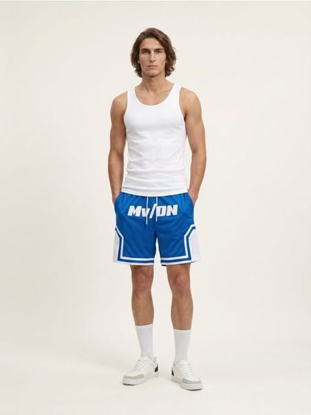 Szorty koszykarskie comfort fir z nadrukiem - niebieski. Niebieskie krótkie spodenki sportowe Sinsay, l, bez wzorów. Za 49.99 zł.