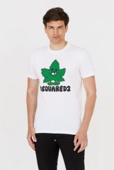 DSQUARED2 Biały t-shirt z zielonym liściem. Białe t-shirty Dsquared2, m, bez wzorów, bez kołnierzyka, bez ramiączek. W wyprzedaży za 699.99 zł.