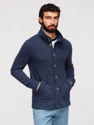 Bluza męska dzianinowa zapinana na guziki ze stójką – granatowa V4 - Rozmiar: L. Niebieskie bluzy Ombre Clothing, l, bez wzorów, z bawełny, bez ramiączek. W wyprzedaży za 146.99 zł.