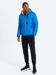 Nylonowa pikowana kurtka męska w stylu sportowym - niebieska V4 OM-JALP-0120 - S. Niebieskie kurtki Ombre Clothing, l, bez wzorów, z materiału. W wyprzedaży za 79.99 zł.