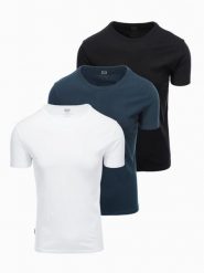 Zestaw męskich t-shirtów bawełnianych BASIC z okrągłym dekoltem – czarny/biały/granatowy V1 - Rozmiar: M. Białe t-shirty Ombre Clothing, m, bez wzorów, z bawełny, bez kołnierzyka, bez ramiączek. W wyprzedaży za 112.49 zł.