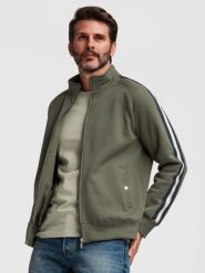 Bluza męska dresowa z wysokim kołnierzem i lampasami – oliwkowa V2. Zielone bluzy Ombre Clothing, m, z aplikacjami, z bawełny, bez kaptura. W wyprzedaży za 146.99 zł.