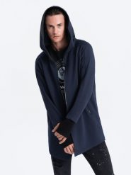 Dłuższa bluza męska rozpinana z obszernym kapturem PRAGA - granatowa B1369 - XXL. Niebieskie bluzy Ombre Clothing, m, bez wzorów, z bawełny. Za 167.99 zł.