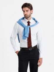 Bawełniana koszula męska w mikro wzór REGULAR FIT - biała V1 OM-SHCS-0152 - XXL. Białe koszule Ombre Clothing, l, bez wzorów, z bawełny, bez kołnierzyka, bez ramiączek. W wyprzedaży za 69.99 zł.