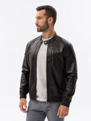 Kurtka męska z imitacji skóry ze ściągaczem na dole - ciemnobrązowa V1 OM-JAFL-0109 - XXL. Brązowe kurtki Ombre Clothing, m, bez wzorów, ze skóry, bez kaptura. W wyprzedaży za 149.99 zł.