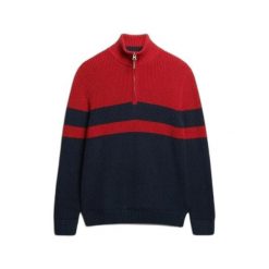 Sweter w paski z zamkiem na kołnierzu Superdry Classic. Czerwone swetry nierozpinane Superdry, na zimę, m, bez wzorów, z dzianiny, bez kołnierzyka, bez ramiączek. Za 392.55 zł.