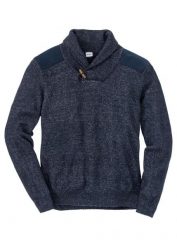 Sweter z cienkiej dzianiny z szalowym kołnierzem. Niebieskie swetry nierozpinane bonprix, m, bez wzorów, z dzianiny, bez kołnierzyka, bez ramiączek. Za 114.99 zł.