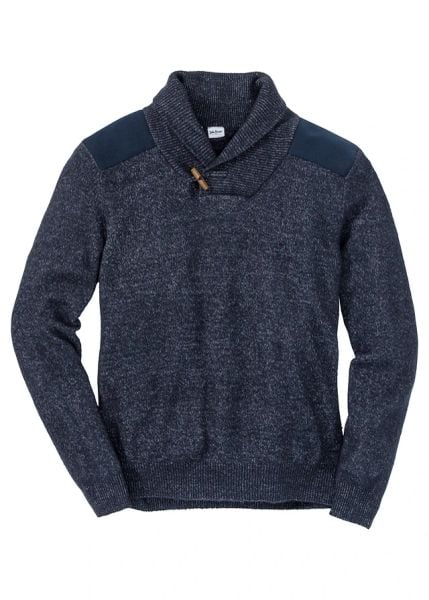 Sweter z cienkiej dzianiny z szalowym kołnierzem. Niebieskie swetry nierozpinane bonprix, m, bez wzorów, z dzianiny, bez kołnierzyka, bez ramiączek. Za 114.99 zł.