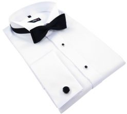 Biała koszula smokingowa z pliskami Mmer 099. Białe koszule Mmer / Villaro - Koszule męskie, m, bez wzorów, z bawełny, bez kołnierzyka, bez ramiączek. W wyprzedaży za 288.00 zł.