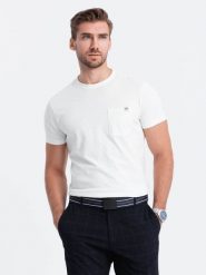 Dzianinowy T-shirt męski z naszytą kieszonką - ecru V7 S1621 - XXL. T-shirty Ombre Clothing, m, bez wzorów, z dzianiny, bez kołnierzyka, bez ramiączek. W wyprzedaży za 29.99 zł.
