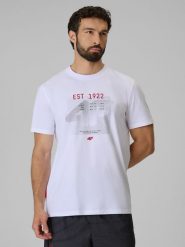 4F T-shirt regular z nadrukiem męski - biały M. Białe t-shirty sportowe 4F, bez wzorów, z materiału, bez ramiączek, na fitness i siłownię. Za 69.99 zł.