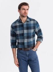 Koszula męska flanelowa w kratę - niebieska V4 - Rozmiar: S. Niebieskie koszule Ombre Clothing, m, bez wzorów, bez kołnierzyka, bez ramiączek. W wyprzedaży za 79.99 zł.