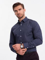 Męska koszula bawełniana we wzory SLIM FIT - ciemnoniebieska V1. Niebieskie koszule Ombre Clothing, l, bez wzorów, z bawełny, bez kołnierzyka, bez ramiączek. W wyprzedaży za 79.99 zł.