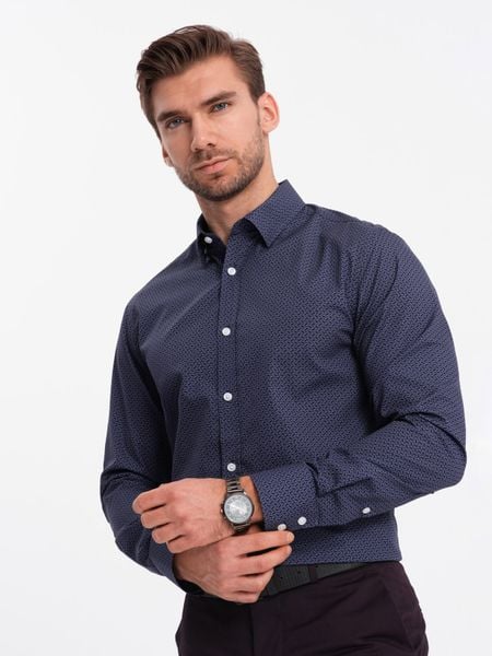 Męska koszula bawełniana we wzory SLIM FIT - ciemnoniebieska V1 - Rozmiar: XXL. Niebieskie koszule Ombre Clothing, m, bez wzorów, z bawełny, bez kołnierzyka, bez ramiączek. W wyprzedaży za 79.99 zł.