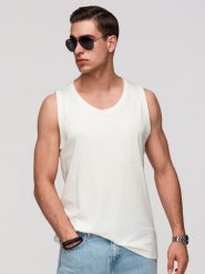 Męska bawełniana koszulka tank top BASIC – biała V1 - Rozmiar: L. Białe bezrękawniki Ombre Clothing, l, z aplikacjami, z bawełny, bez kołnierzyka, bez ramiączek. Za 119.99 zł.