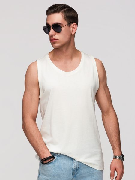 Męska bawełniana koszulka tank top BASIC – biała V1 - Rozmiar: L. Białe bezrękawniki Ombre Clothing, l, z aplikacjami, z bawełny, bez kołnierzyka, bez ramiączek. Za 119.99 zł.