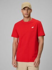 4F T-shirt regular gładki męski - czerwony S. Czerwone t-shirty 4F, m, bez wzorów, z materiału, bez kołnierzyka, bez ramiączek. Za 49.99 zł.