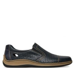 Półbuty Rieker. Niebieskie eleganckie półbuty Rieker, bez wzorów, bez obcasa, bez zapięcia. Za 259.99 zł.
