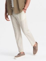 Podwijane męskie spodnie chino z dodatkiem lnu – kremowe V2 OM-PACP-0198 - XL. Białe eleganckie spodnie Ombre Clothing, na co dzień, na lato, l, z bawełny, casualowe. Za 209.99 zł.