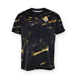 Czarno-złota koszulka treningowa Real Madryt. Czarne t-shirty sportowe REAL MADRID, bez wzorów, bez ramiączek, do piłki nożnej. W wyprzedaży za 164.04 zł.