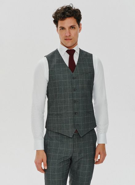 PAKO LORENTE – Szara garniturowa kamizelka w kratę. Szare garnitury Pako Lorente, bez wzorów, z elastanu. Za 279.99 zł.