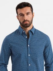 Męska koszula w drobny wzór SLIM FIT - granatowa V1 OM-SHCS-0140 - S. Niebieskie koszule Ombre Clothing, l, bez wzorów, z bawełny, bez kołnierzyka, bez ramiączek. W wyprzedaży za 69.99 zł.