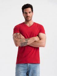 Męska klasyczna bawełniana koszulka z dekoltem w serek BASIC – czerwona V14 OM-TSBS-0145 - XL. Czerwone t-shirty Ombre Clothing, m, bez wzorów, z bawełny, bez kołnierzyka, bez ramiączek. W wyprzedaży za 24.99 zł.