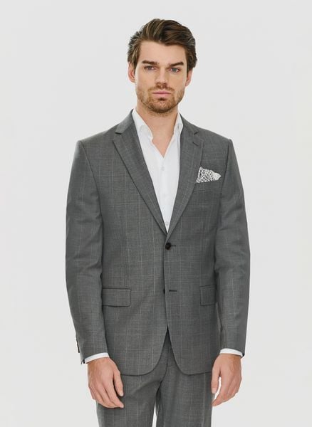 PAKO LORENTE – Ciemnoszara marynarka garniturowa w delikatną kratę. Szare garnitury Pako Lorente, do pracy, m, bez wzorów, z lycry. Za 649.99 zł.