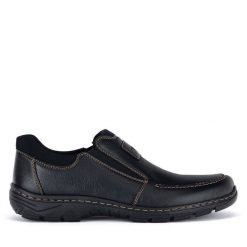 Półbuty Rieker. Czarne eleganckie półbuty Rieker, bez wzorów, bez obcasa, bez zapięcia. Za 349.99 zł.