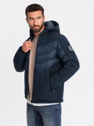 Pikowana kurtka męska z łączonych materiałów z wysokim kołnierzem – granatowa V2 OM-JALP-0172 - XXL. Niebieskie kurtki Ombre Clothing, l, z aplikacjami, z gumy, bez kaptura. W wyprzedaży za 139.99 zł.