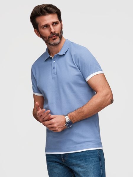 Męska bawełniana koszulka polo z kontrastowym wykończeniem – niebieska V3 - Rozmiar: L. Niebieskie koszulki polo Ombre Clothing, l, bez wzorów, z bawełny, bez kołnierzyka, bez ramiączek. W wyprzedaży za 129.99 zł.