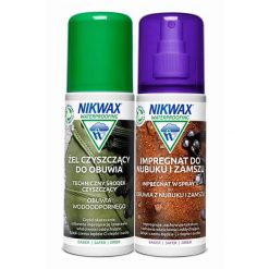 Zestaw do impregnacji i czyszczenia obuwia z nubuku i zamszu Nikwax 2 x 125 ml. Buty trekkingowe Nikwax, bez wzorów, z nubiku, bez zapięcia. Za 32.99 zł.