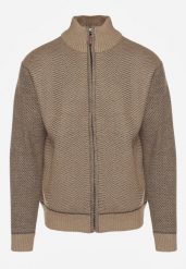 Ciemnobeżowy Kardigan w Jodełkę na Suwak z Polarową Wyściółką Iwedara. Brązowe swetry rozpinane Born2be, l, bez wzorów, z jeansu, bez kołnierzyka, bez ramiączek. Za 89.99 zł.