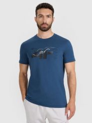 4F T-shirt regular z nadrukiem męski - turkusowy L. Niebieskie t-shirty sportowe 4F, bez wzorów, z bawełny, bez ramiączek. Za 59.99 zł.