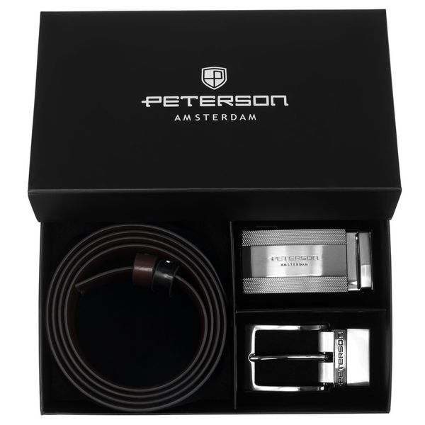 Zestaw prezentowy: dwustronny pasek skórzany w brązowym i czarnym kolorze Peterson PTN KL-B007S001. Brązowe paski Peterson, bez wzorów, ze skóry, eleganckie. Za 119.99 zł.