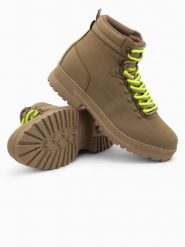 Zimowe buty męskie trekkingowe z kontrastowymi sznurówkami - brązowe V2 OM-FOBO-0132 - 44. Brązowe buty trekkingowe Ombre Clothing, na zimę, bez wzorów, z materiału, bez zapięcia. W wyprzedaży za 99.99 zł.