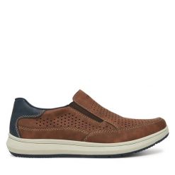Półbuty Rieker. Brązowe eleganckie półbuty Rieker, bez wzorów, bez obcasa, bez zapięcia. Za 349.99 zł.