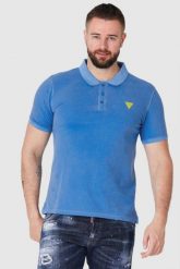 GUESS Niebieska koszulka polo z żółtym logo. Niebieskie koszulki polo Guess, m, z aplikacjami, bez kołnierzyka, bez ramiączek. W wyprzedaży za 159.99 zł.