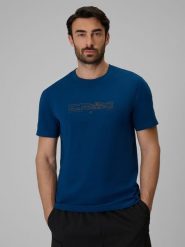 4F T-shirt regular z nadrukiem męski - granatowy S. Niebieskie t-shirty 4F, m, bez wzorów, z bawełny, bez kołnierzyka, bez ramiączek. Za 59.99 zł.