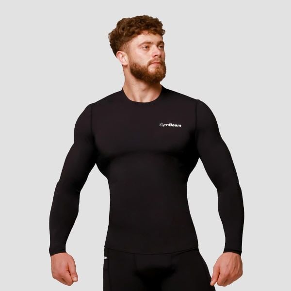 Koszulka męska fitness kompresyjna z długim rękawem Mid. Czarne odzież kompresyjna GYMBEAM, l, bez wzorów, z elastanu, do biegania. Za 114.90 zł.