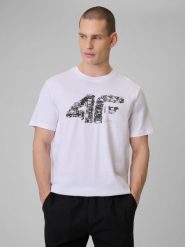 4F T-shirt regular z nadrukiem męski - biały L. Białe t-shirty 4F, l, bez wzorów, z dzianiny, bez kołnierzyka, bez ramiączek. Za 59.99 zł.