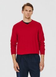 PAKO LORENTE – Czerwony męski sweter w serek. Czerwone swetry nierozpinane Pako Lorente, na jesień, l, bez wzorów, z wełny, bez kołnierzyka, bez ramiączek. Za 99.99 zł.