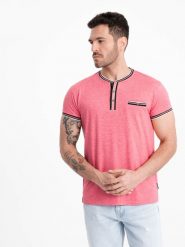 T-shirt męski henley z ozdobnymi ściągaczami - czerwony V1 OM-TSCT-0175 - XXL. Czerwone t-shirty Ombre Clothing, l, z aplikacjami, z elastanu, bez kołnierzyka, bez ramiączek. W wyprzedaży za 39.99 zł.