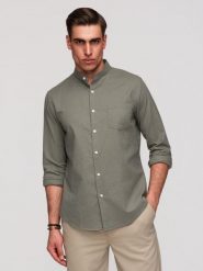 Męska koszula lniana ze stójką i kieszenią REGULAR FIT – khaki V6 - Rozmiar: M. Brązowe koszule Ombre Clothing, na lato, m, bez wzorów, z bawełny, bez kołnierzyka, bez ramiączek. Za 229.99 zł.